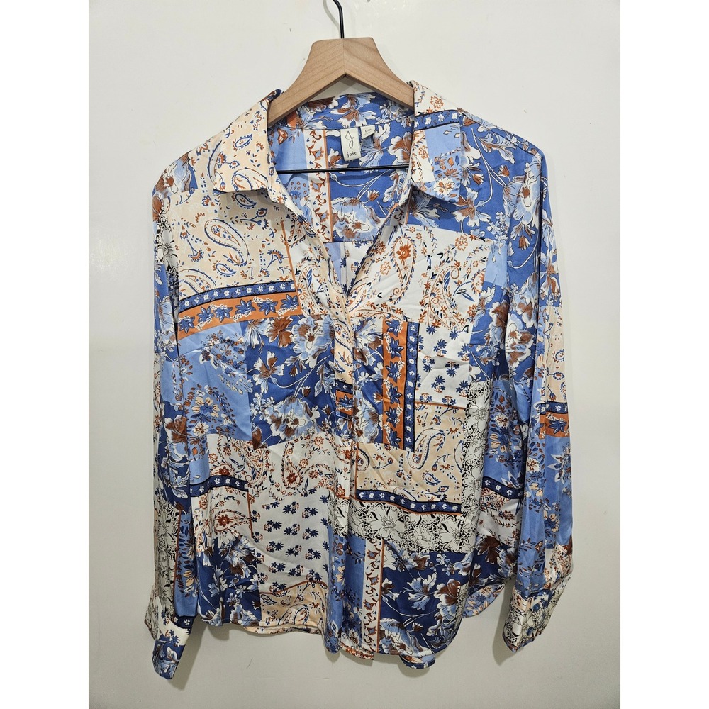 Joie L Blue Patchwork Paisley Floral Blouse Half Button Boho Scarf Print